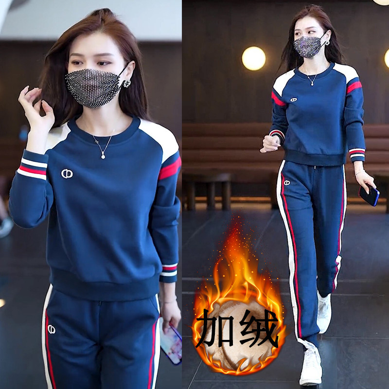 여성 가을 겨울 2023 새로운 유행 기질 플러스 벨벳 두꺼운 스웨트 셔츠 2 피스 세트 유행을위한 세련된 캐주얼 스포츠 정장