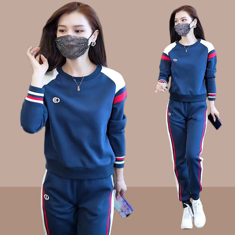 여성용 스포츠 슈트 패셔너블하고 벨벳 라운드 넥 봄과 가을 작은 사람들을 위한 올해 인기 캐주얼 스웨트 셔츠와 바지 투피스 세트