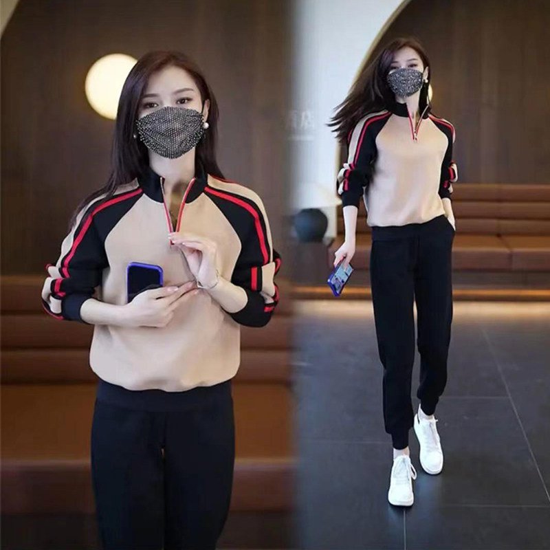 2024 봄과 가을 새로운 패션 여성 캐주얼 스포츠 정장 서양식 연령 감소 스탠드 업 칼라 스웨터와 바지 투피스 세트