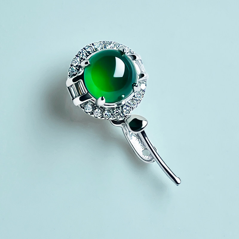 翡翠绿蛋面顶珠扣18K金扣头挂件白金镶南非钻石款吊坠扣玉坠扣子