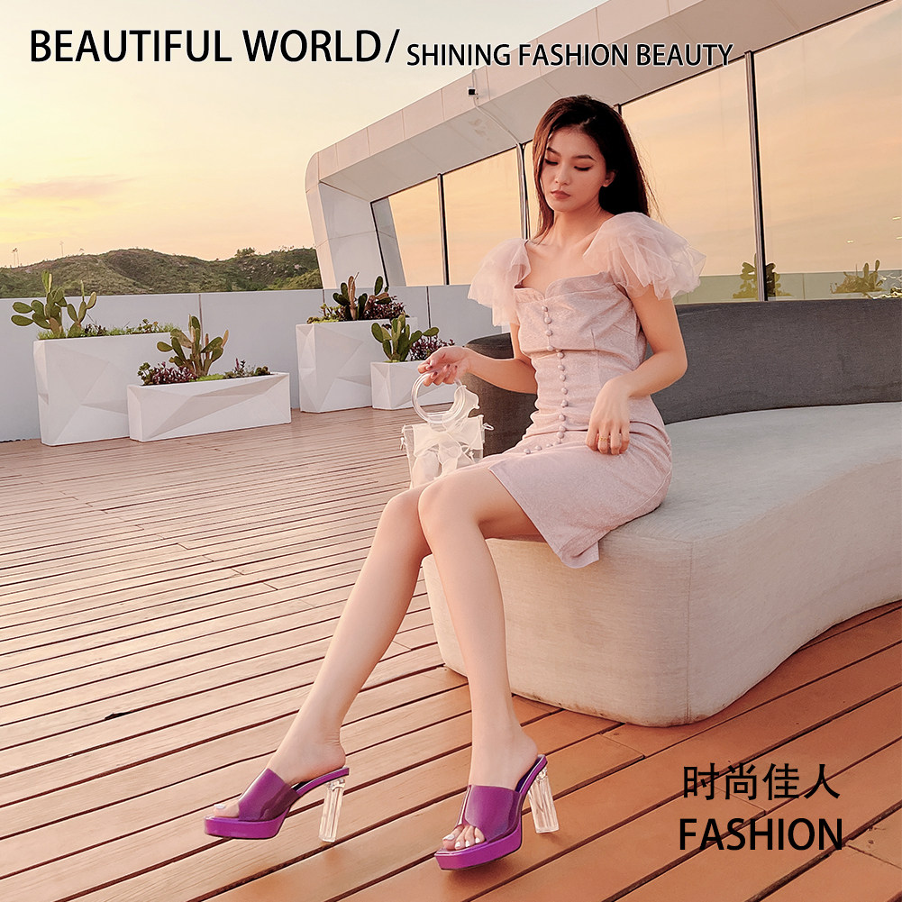 拖鞋外穿 一字带法式晚风粗跟高跟女凉拖 夏 床上大码35-46情侣鞋