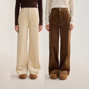 四面弹宽松休闲裤 芙蕖FUXU 复古咖色美拉德灯芯绒高腰直筒阔腿裤