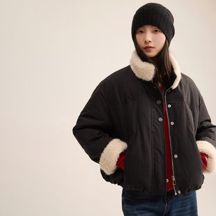 芙蕖FUXU 新国标90白鸭绒 巴恩风短款立领仿羊羔毛夹克外套羽绒服