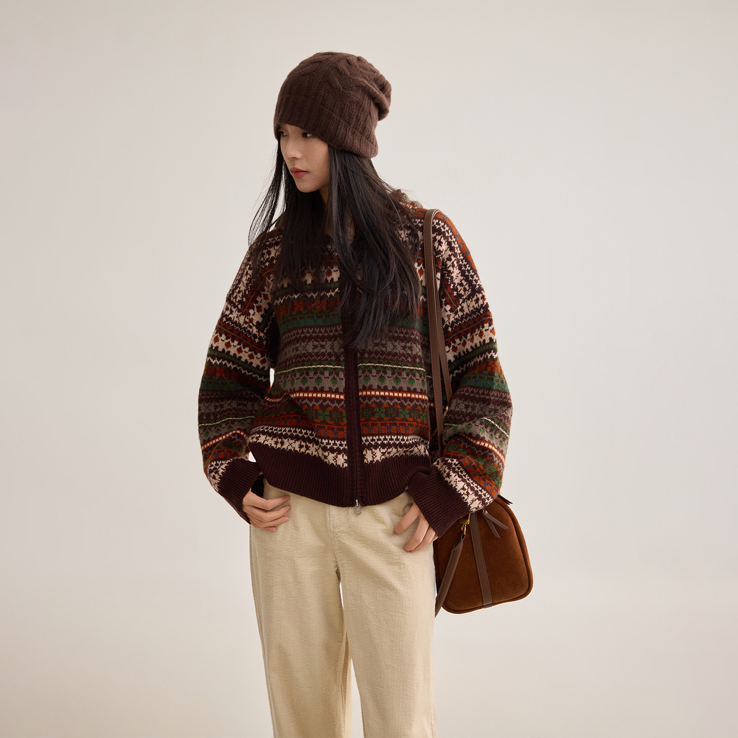 100绵羊毛费尔岛连帽开衫毛衣