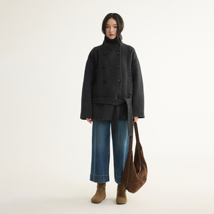 芙蕖FUXU 驼绒桑蚕丝毛呢外套 复古双排扣立领短款系带双面呢大衣