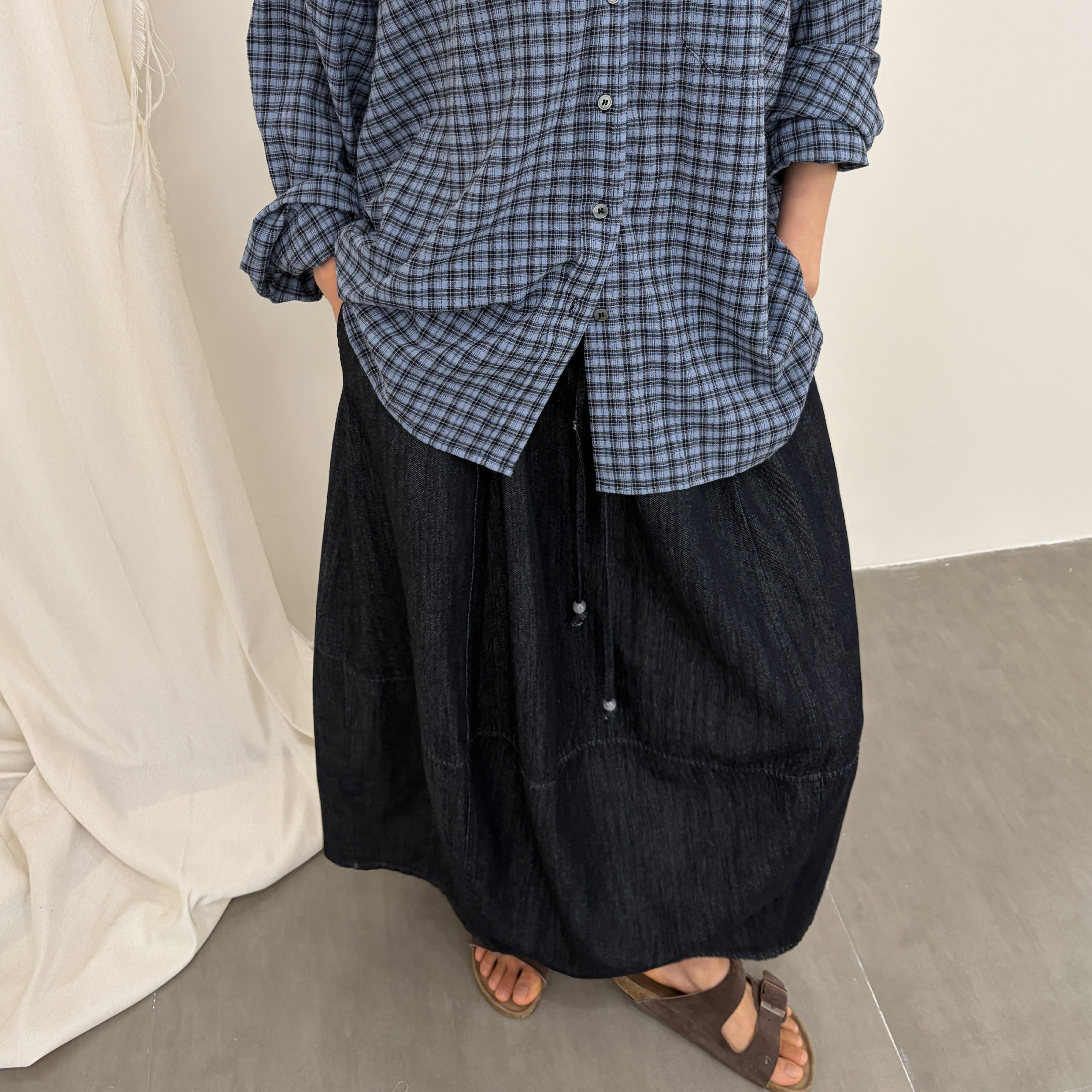 芙蕖FUXU 松紧腰抽绳a字裙女夏薄款长花苞裙子宽松显瘦牛仔半身裙