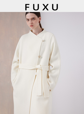 芙蕖FUXU 高支绵羊毛白色毛呢中长双面呢立领大衣外套女2025秋冬