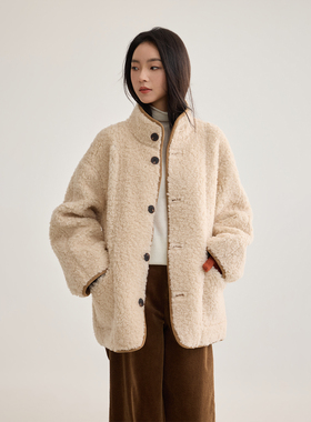 芙蕖FUXU 100绵羊毛 双面穿羊羔毛外套麂皮Barnfit巴恩风立领大衣