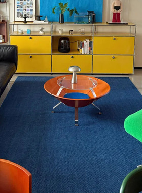 包豪斯蓝色地毯客厅中古风亚麻茶几毯免洗可擦卧室床边防猫抓地垫