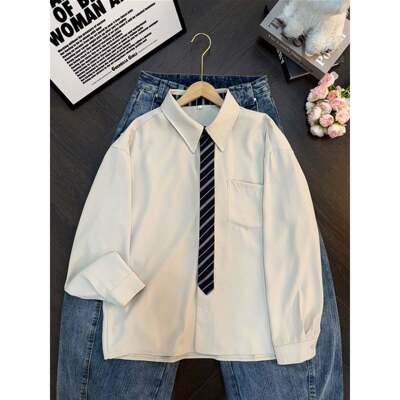 港风DK风假领带长袖衬衫男春夏季痞帅青年高级感宽松百搭休闲衬衣