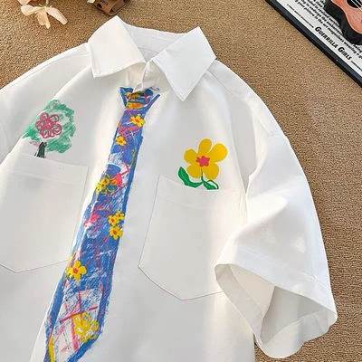 白色涂鸦印花短袖衬衫男日系潮牌小众设计感宽松百搭衬衣休闲寸衫