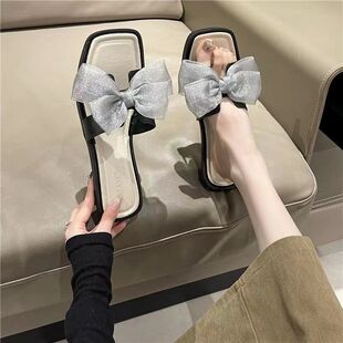 网红拖鞋女时尚夏季外穿仙女风蝴蝶结防滑百搭平跟沙滩一字凉拖女