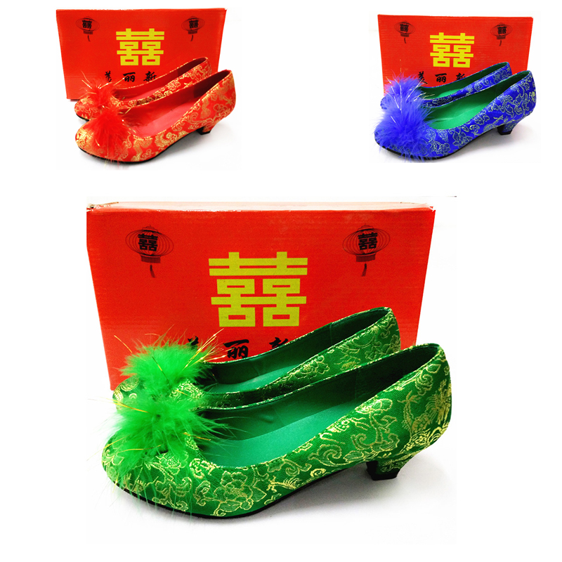 低跟孕妇蓝色圆头结婚新娘鞋
