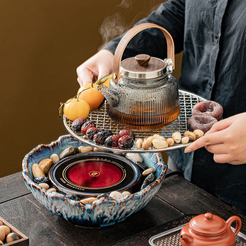 秦艺围炉煮茶电陶炉家用室内全套中式烤茶炉煮茶器蒸煮玻璃泡茶壶