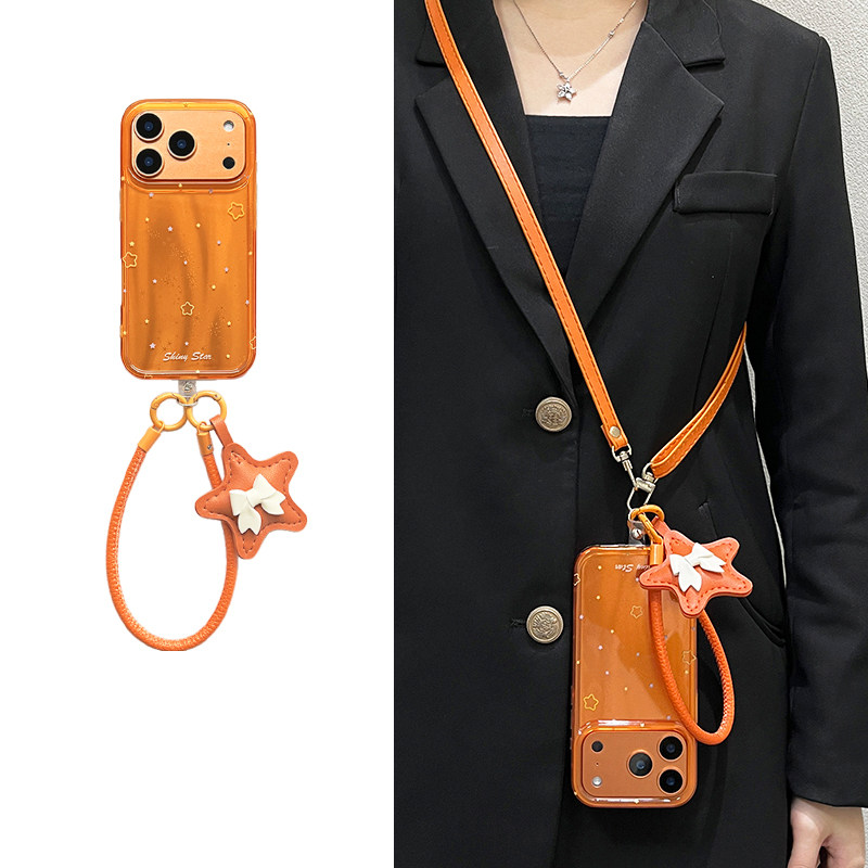IMD橙色星星适用苹果17promax手机壳新款16/15PRO皮纹挂绳保护壳iPhone14PRO时尚防摔13创意斜挎绳硅胶软壳