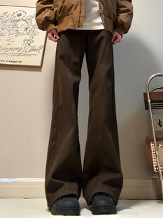 美式覆古咖啡色斜切加绒牛仔裤男款美式高街潮牌弯刀裤直筒微喇裤