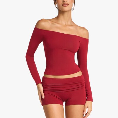 *csb 含胸垫一字肩瑜伽长袖健身上衣运动健身训练T恤