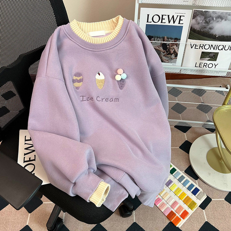 假两件刺绣加绒加厚无帽卫衣女2025年新款秋冬洋气百搭宽松上衣服