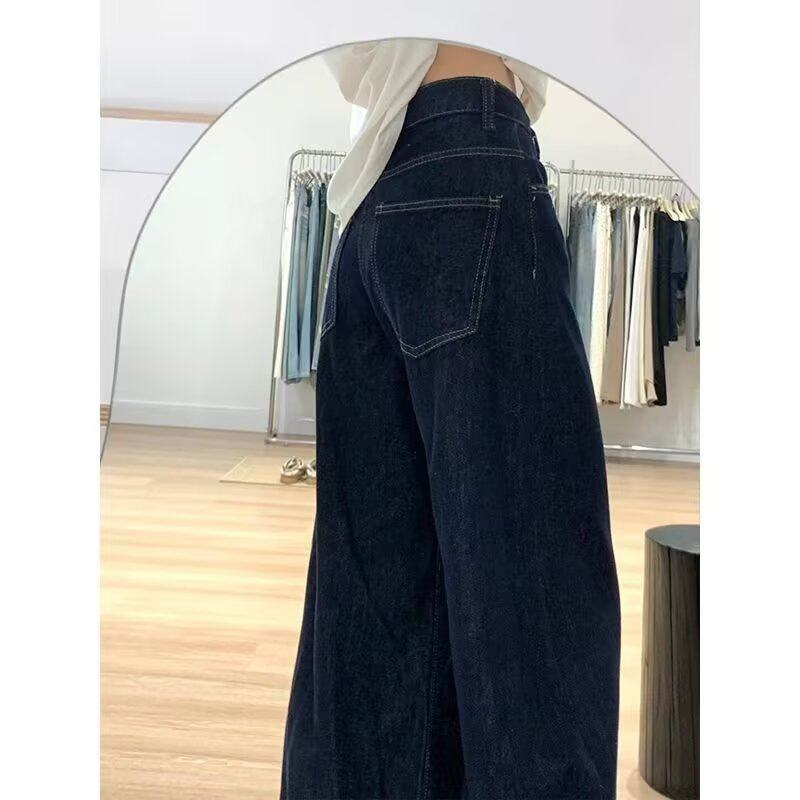 加绒加厚美式复古深蓝色牛仔裤女秋季新款高腰垂感宽松阔腿裤棉