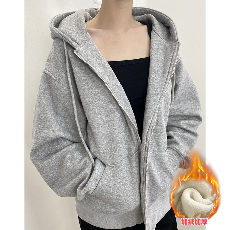 灰色连帽卫衣女秋冬加绒加厚2025新款爆款韩系慵懒风宽松上衣外套