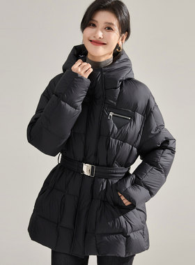 冬季蓬松高保暖三角标收腰显瘦连帽一手长90白鸭绒羽绒服15977