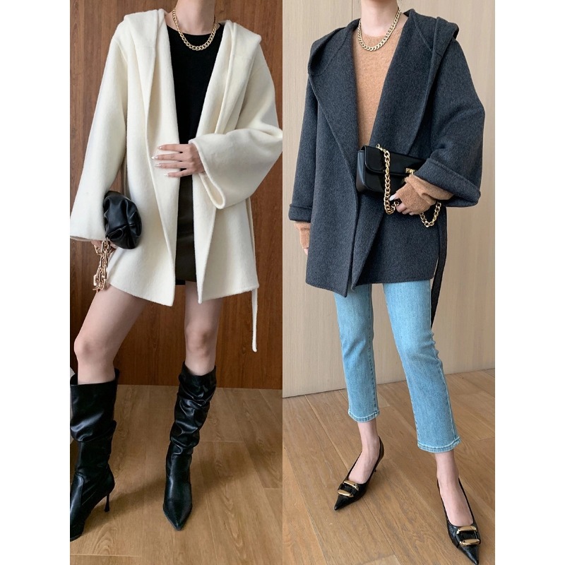 司南 冬日序章 慵懒感浴袍斗篷式连帽天丝羊毛双面呢大衣 SN6105