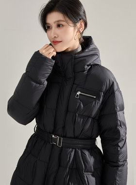 冬季蓬松高保暖三角标收腰显瘦连帽一手长90白鸭绒羽绒服15977