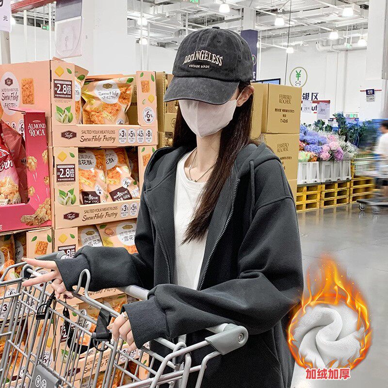 灰色加绒短外套女秋冬季2025新款加厚卫衣美式宽松小个子开衫上衣