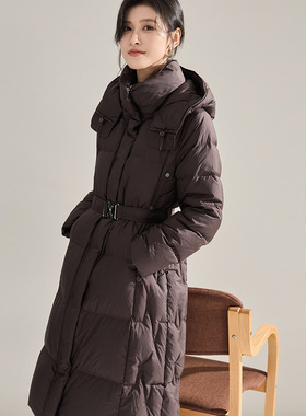 冬收腰显瘦羽绒服女装白鸭绒几何绗线双拉链连帽长外套18710