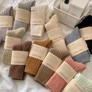 两双装 软糯竖条马卡龙撞色系袜子女中筒袜简约纯色保暖秋冬季