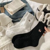 两双装 点子纱加厚羊毛秋冬可爱小狗刺绣中筒袜 一起看星星吧