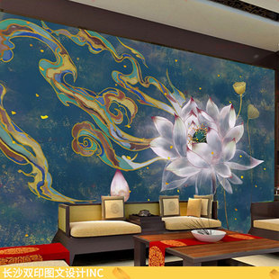 宝莲花墙纸寺庙佛堂古典七彩祥云背景墙布装饰图荷叶花苞禅境壁画