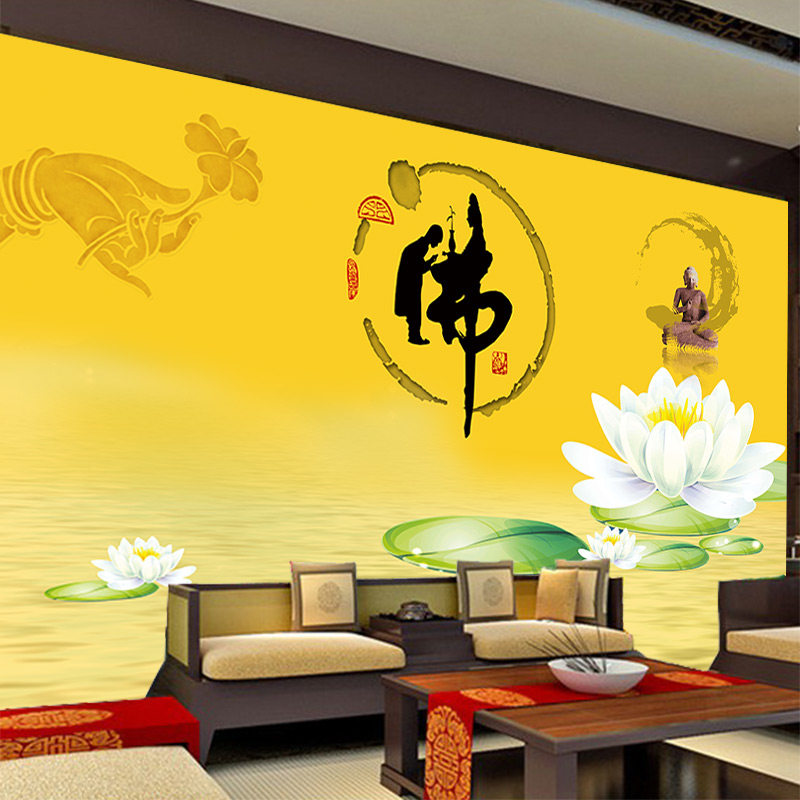 象形佛字墙纸中医养生佛堂佛像寺庙供桌背景墙布佛手水纹莲花壁画