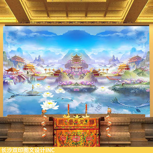 仙界天宫墙纸寺庙佛道仙堂背景墙莲花祥云端高山抽象飞鹤天马壁画