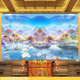 仙界天宫墙纸寺庙佛道仙堂背景墙莲花祥云端高山抽象飞鹤天马壁画