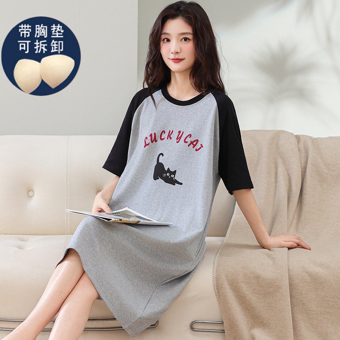 睡裙女款夏季纯棉短袖长裙2026新款高级感大码胖mm孕妇睡衣带胸垫图片