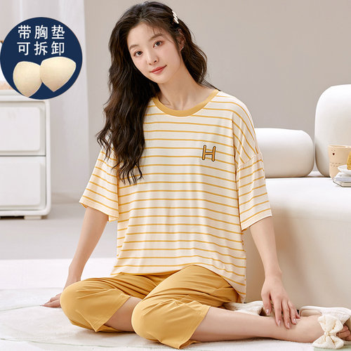 带胸垫5XL冰丝莫代尔短袖睡衣女夏季胖mm加肥加大码200斤居家服