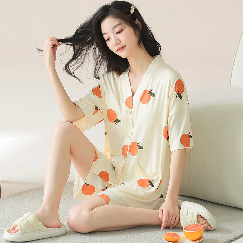 大码200斤睡衣女莫代尔短袖短裤薄款款式和服开衫短衫家居服套装