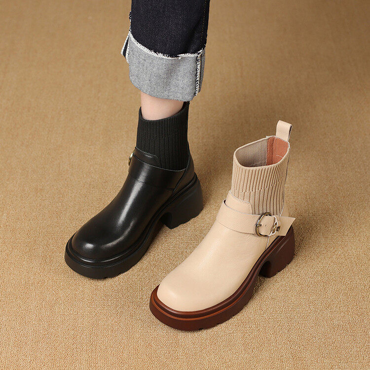 格子家弹力袜瘦瘦靴女2025年秋季新款厚底短靴连袜百搭真皮马丁靴