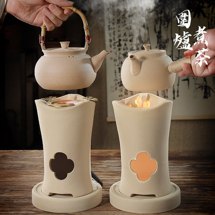 潮州砂铫壶素烧白泥小高炭炉围炉煮茶炉烧水壶提梁壶炭电两用煮水