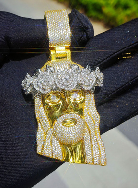 欧美跨境嘻哈玫瑰花头像锆石吊坠高级感复古饰品个性项链男士吊坠