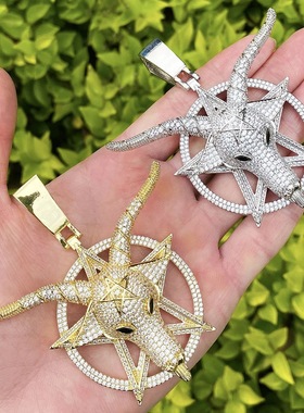 欧美嘻哈山羊头项链吊坠男士真铜立方氧化锆高级吊坠