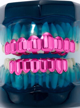 ICED饰品嘻哈teeth grillz说唱牙饰欧美镶钻石假牙套粉色牙套