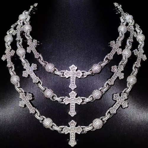 欧美嘻哈珠宝 百搭满钻圆珠拼接混镶十字架重工项链饰品