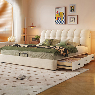 布艺床奶油风储物床主卧室大床1米8双人床小户型软包猫爪皮绒布床