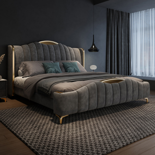 意式 极简布艺床主卧大床双人床现代简约麂皮绒2米x2米2科技布婚床