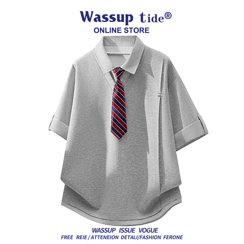 WASSUP TIDE夏季T恤男短袖带领带搭配感假两件POLO短袖重磅华棉帅