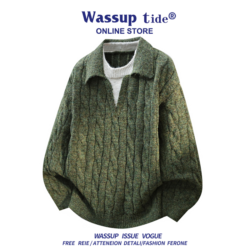 WASSUP TIDE男士针织衫复古风翻领潮麻花纹毛衣加厚保暖秋季长袖