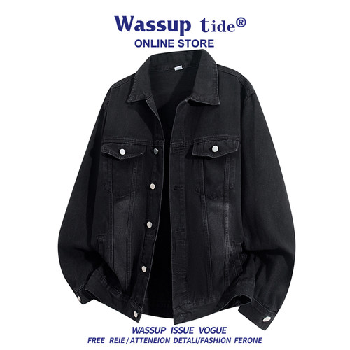 WASSUP TIDE秋冬休闲港风翻领纯色简约华棉舒适牛仔夹克男士潮款
