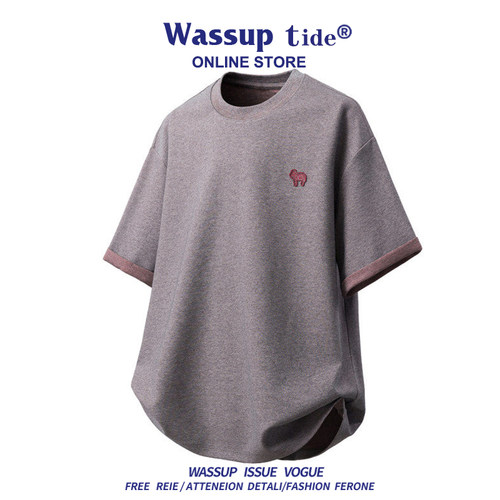 WASSUP TIDE夏季新款拼色圆领刺绣宽松短袖男百搭时尚简约美式T恤